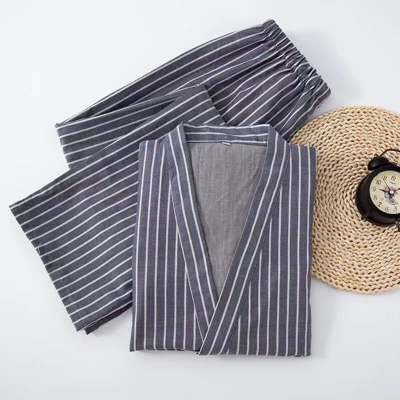 Cotton Double-layer Lace-up Striped Pajamas