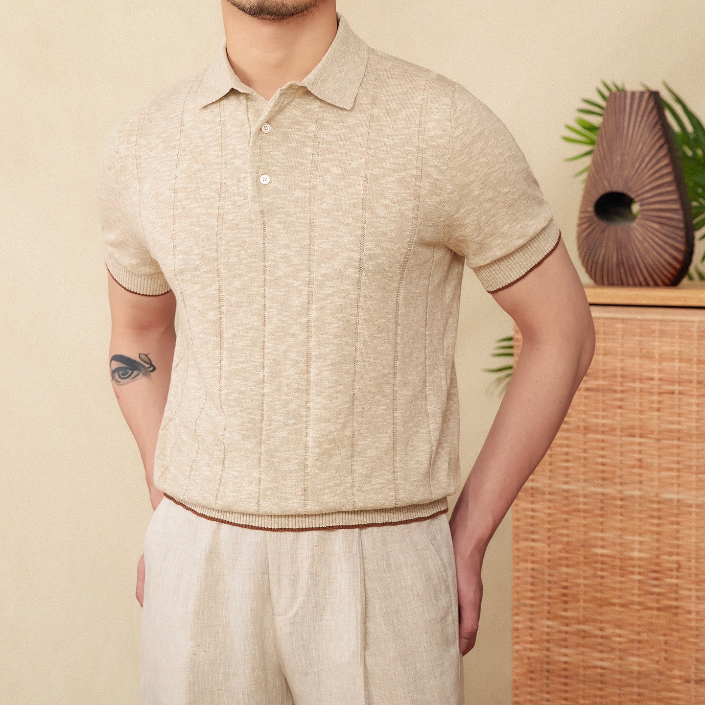 Men’s Cotton-Linen Blended Lapel Polo Shirt