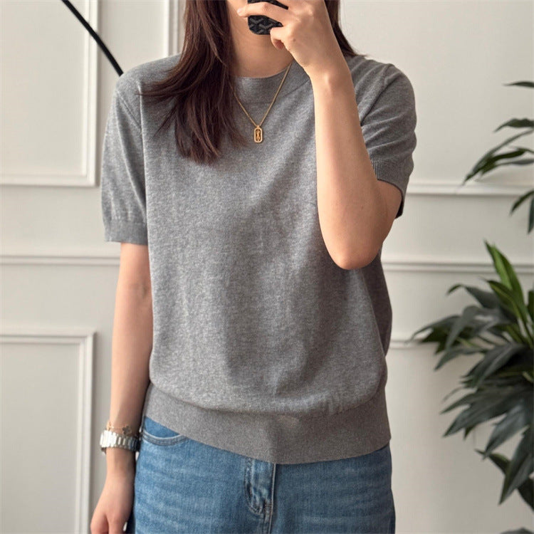 Pure Color Cotton Short Sleeve Sweater
