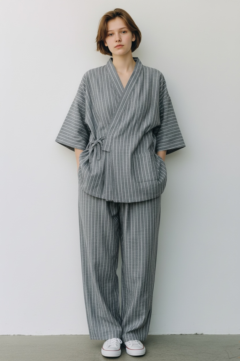 Cotton Double-layer Lace-up Striped Pajamas
