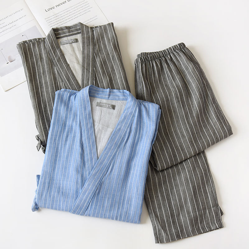 Cotton Double-layer Lace-up Striped Pajamas